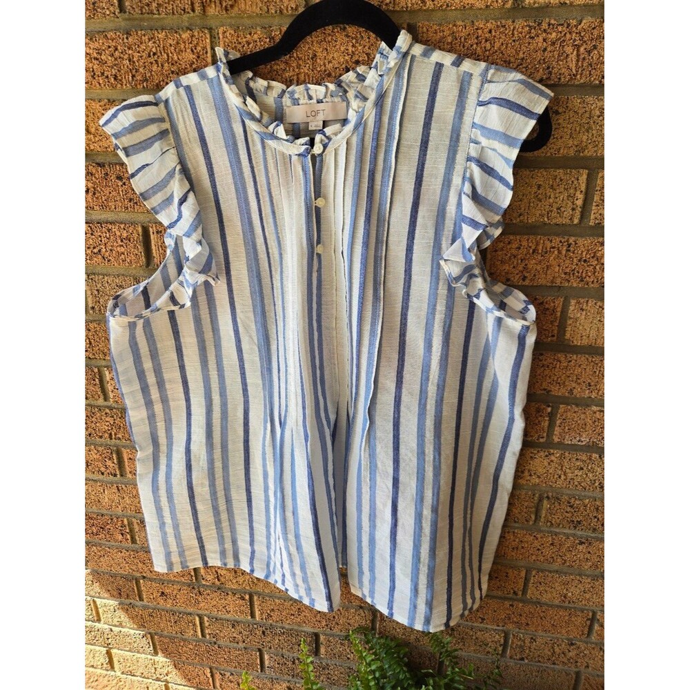 🌟 LOFT Blue & White Striped Ruffle Flutter Sleeve Blouse Top XL 🌟
